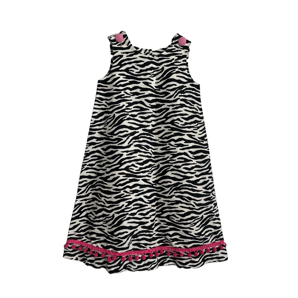 Le Za Me Girl's Sz: 7 Zebra Print Shift Dress with Pink Pom Pom Fringe Fun Party